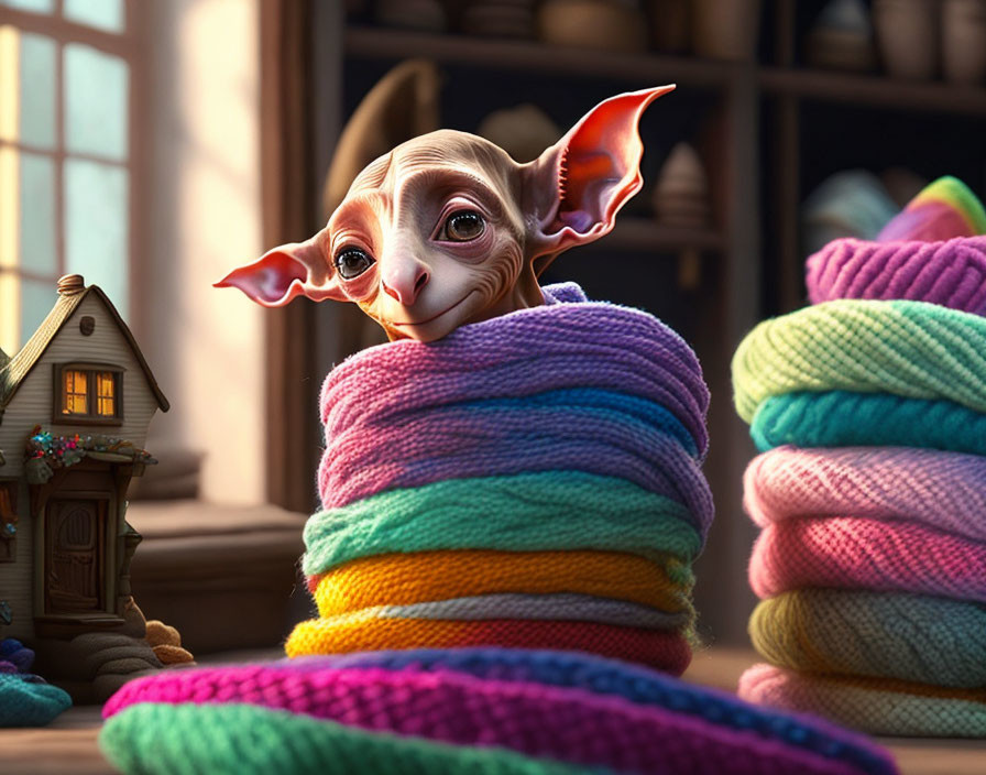 Colorful yarn coils and whimsical creature in cozy interior