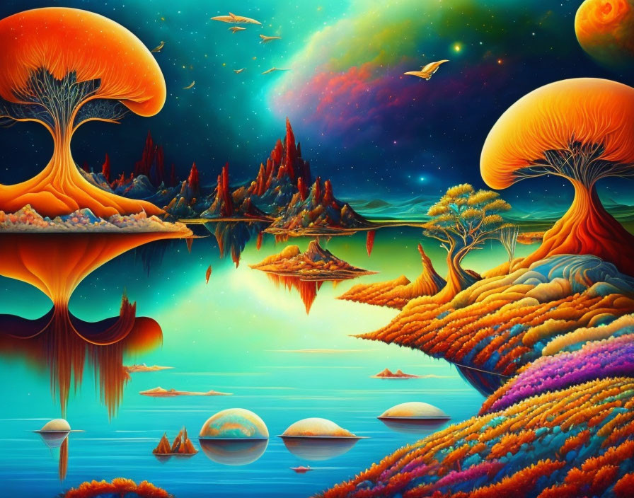 Surreal landscape with mushroom-like trees and flying fish in starry sky
