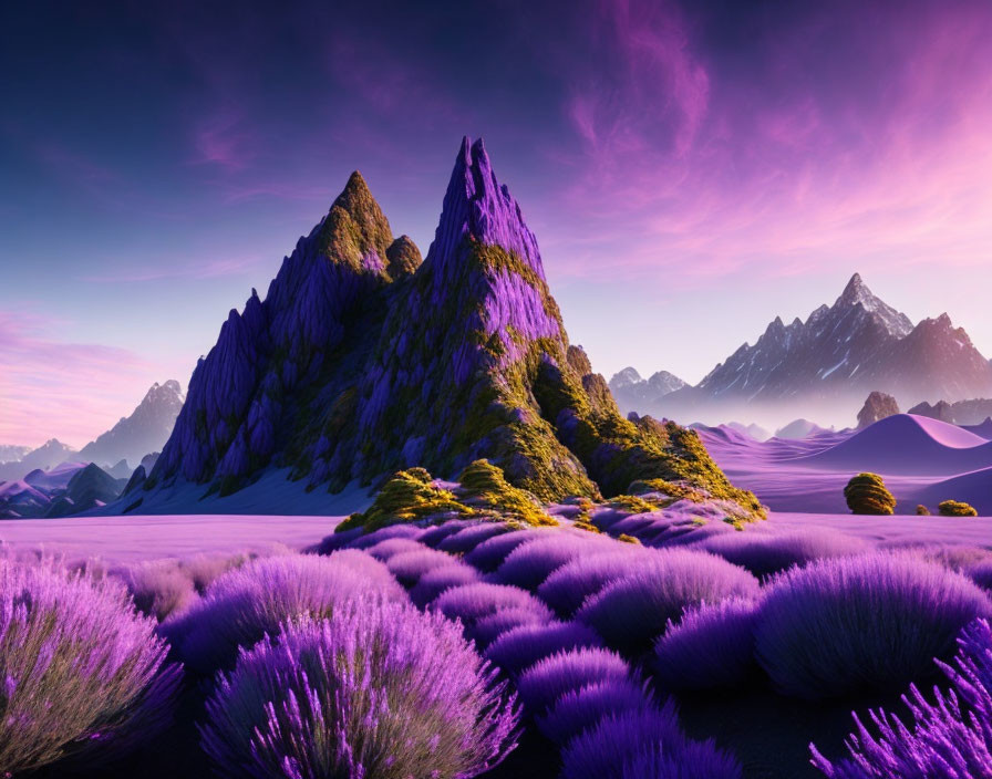 Purple Flowering Fields, Sharp Mountain Peaks, and Magenta Sky at Sunrise or Sunset