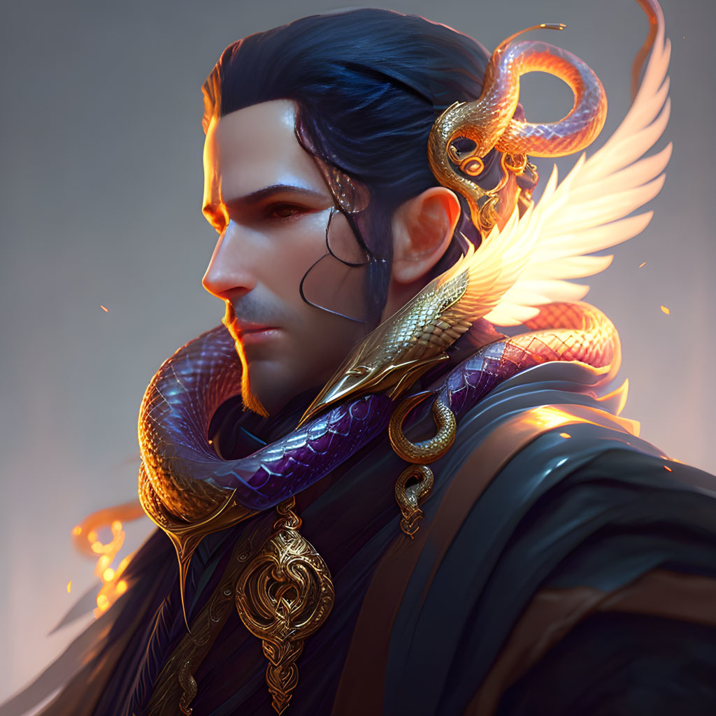Dark-haired man with gold snake in digital portrait