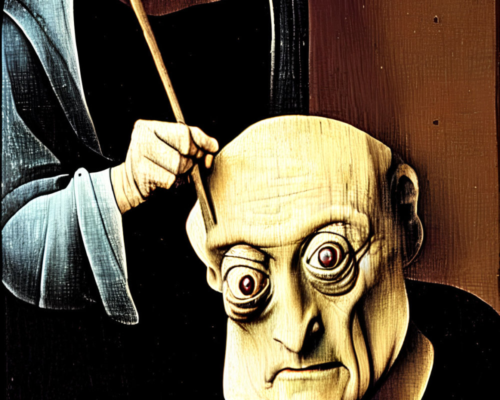 Dark painting of hooded figure holding mask near shocked man