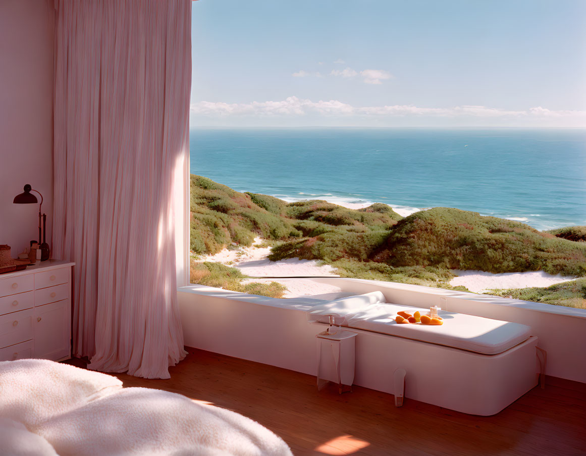 Ocean View Bedroom with White Bed, Fruit on Side Table, and Pink Curtains