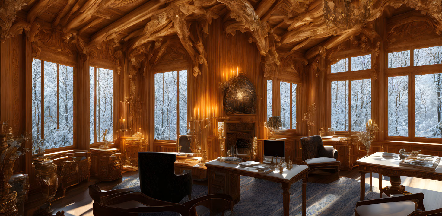Luxurious Wooden Interior with Ornate Carvings and Ambient Lighting