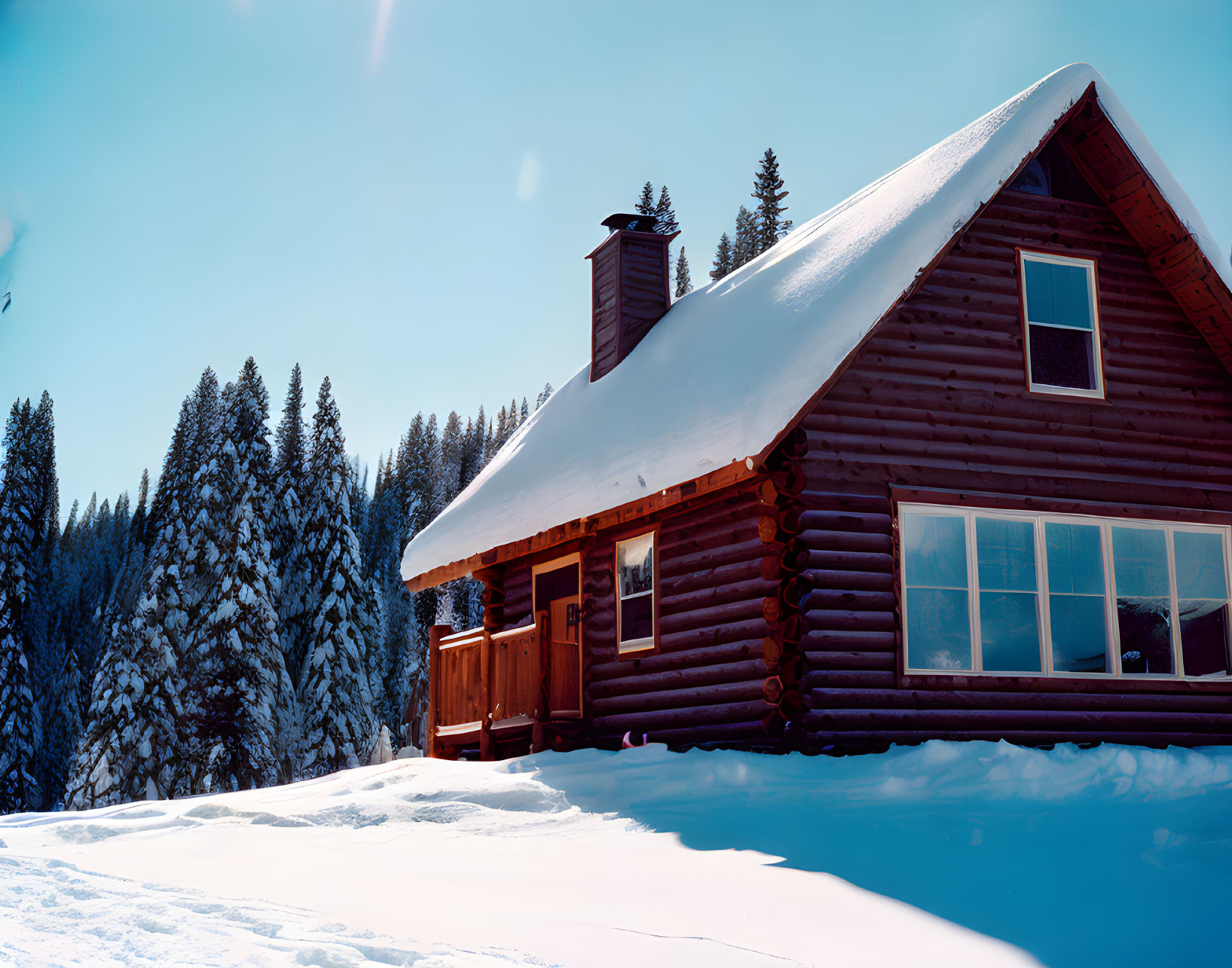 Snow-covered log cabin in winter forest scene