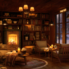 Cozy Cabin Interior with Fireplace, Bookshelves, Seating, and Snowy Scenery