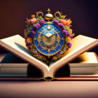 Ornate magical book with glowing celestial clock design on open page
