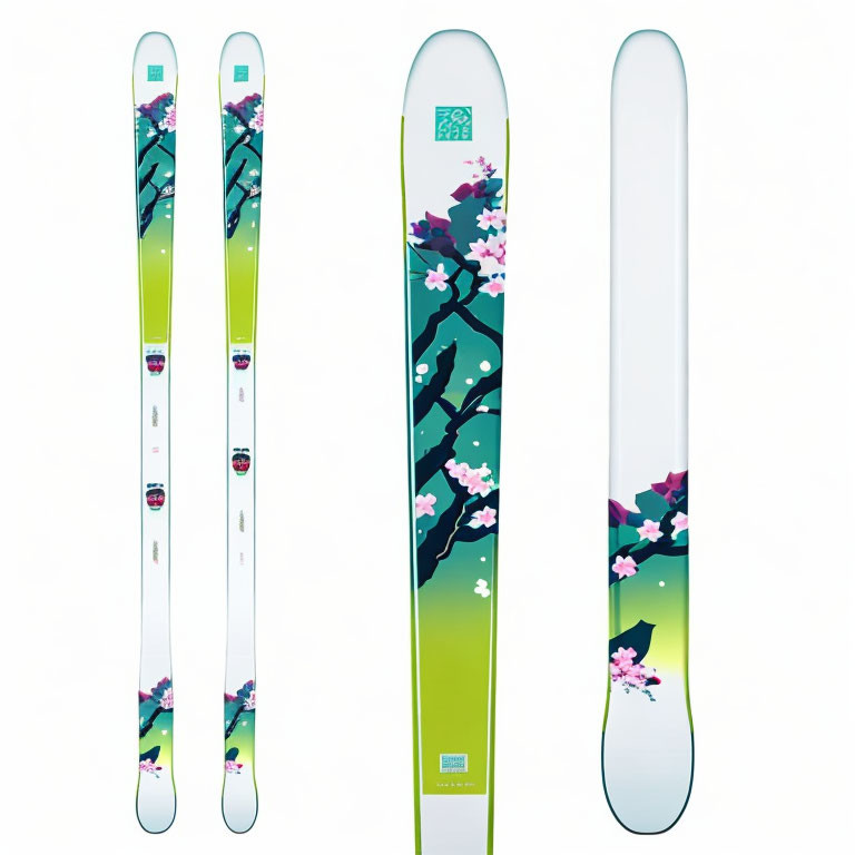 Green to White Gradient Skis with Cherry Blossom Branch Design in Pink and Blue