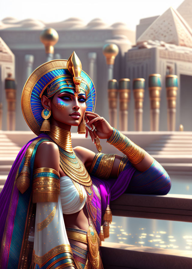 Digital illustration of woman in ancient Egyptian regalia with headdress and gold jewelry in temple setting