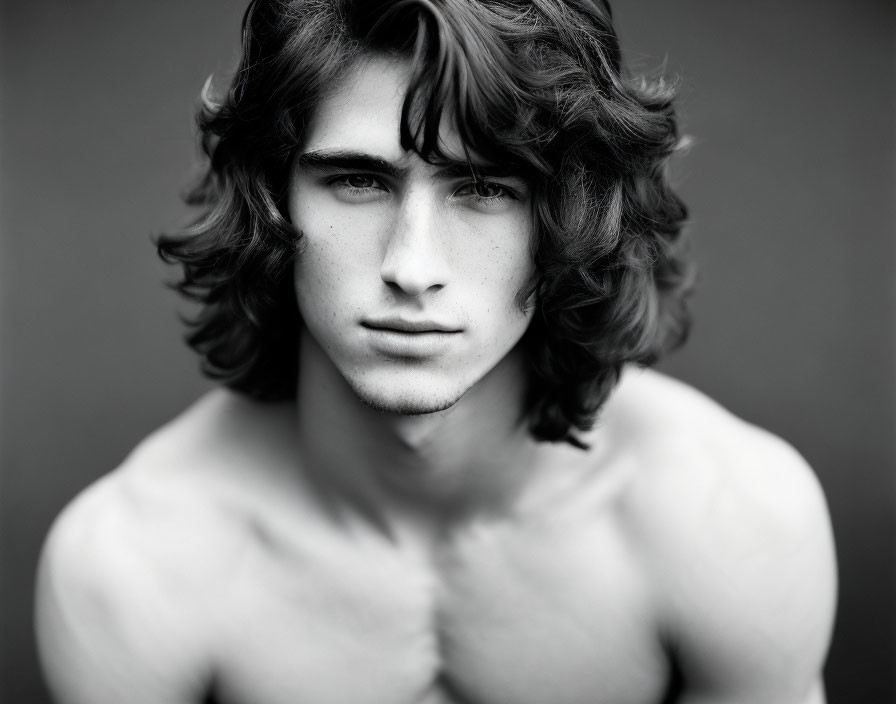 Monochrome portrait of young man with curly hair and intense gaze