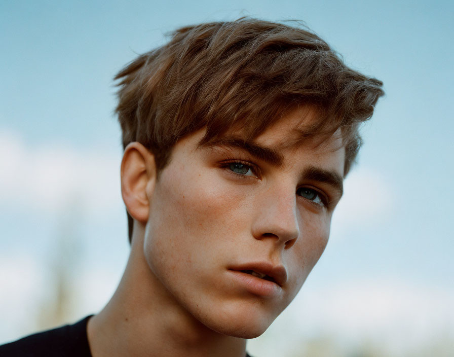 Young male with tousled brown hair and blue eyes in thoughtful outdoor portrait