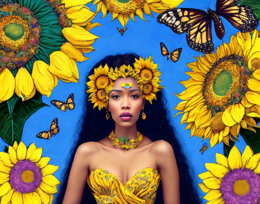 Woman with Sunflowers and Butterflies in Sunflower-themed Makeup