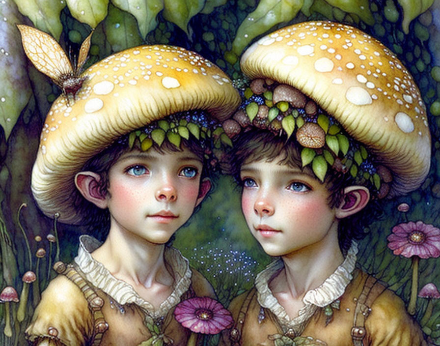 Whimsical children with mushroom hats in magical setting