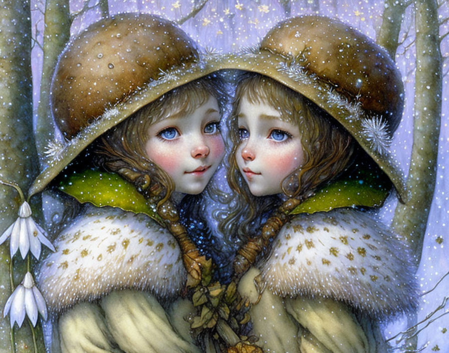 Two children in acorn hats and furry coats in snowy scene