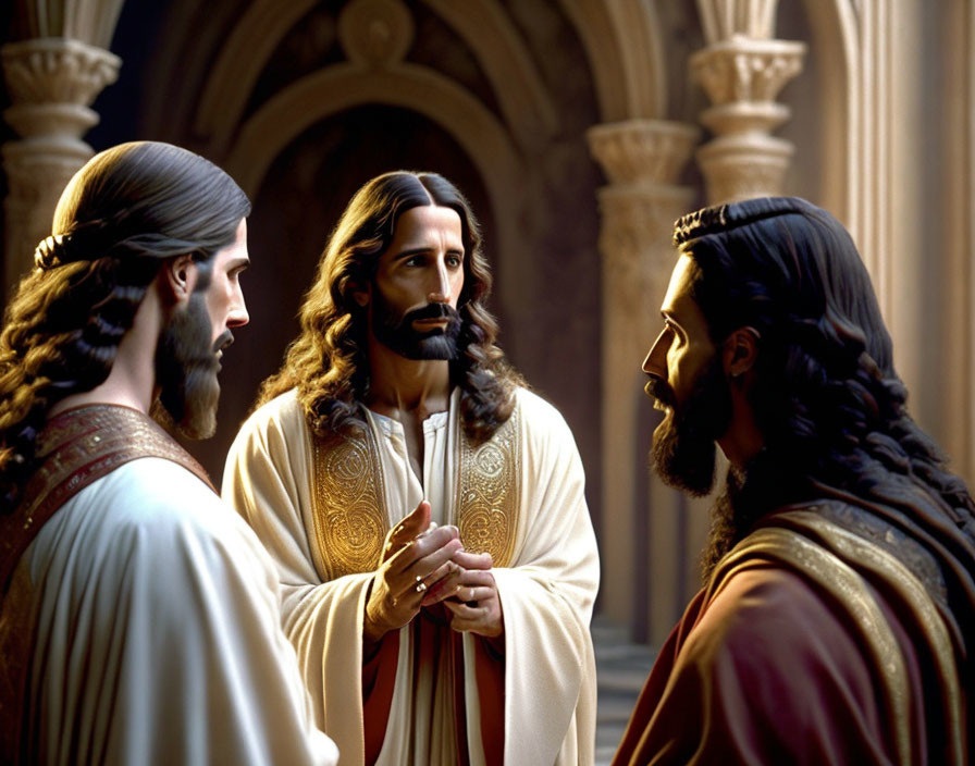 Biblical scene: Three men in ancient hall conversing
