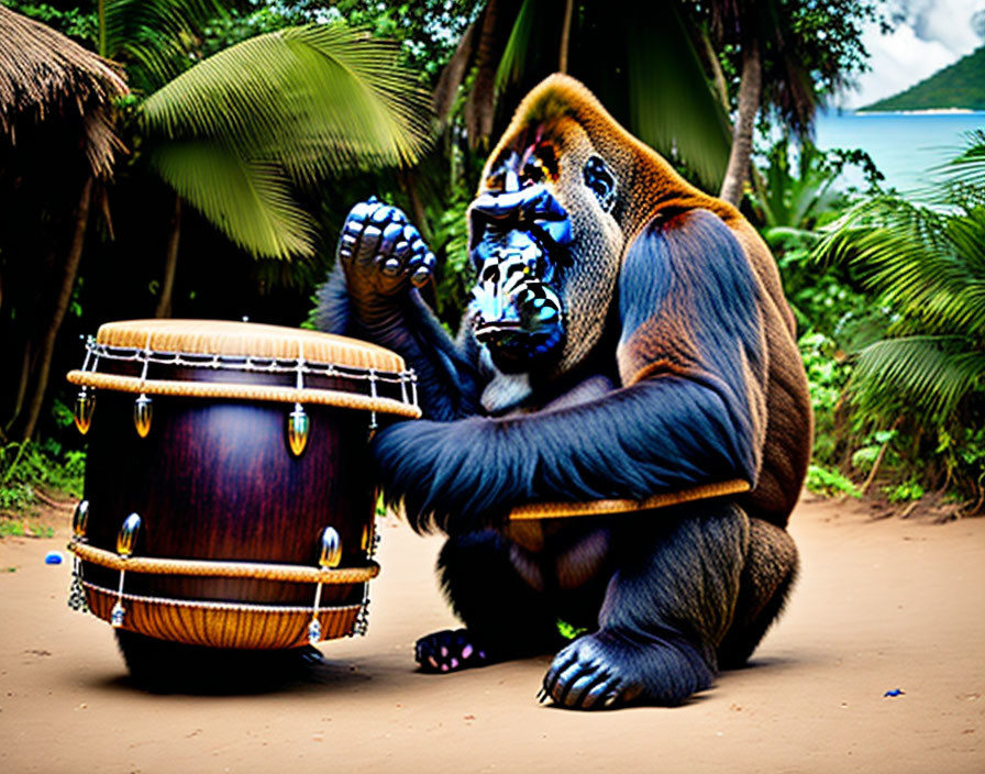 Orange-brown gorilla playing hand drum on sandy beach with lush greenery