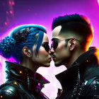Stylized couple with colorful hair in futuristic outfits kissing under neon lights