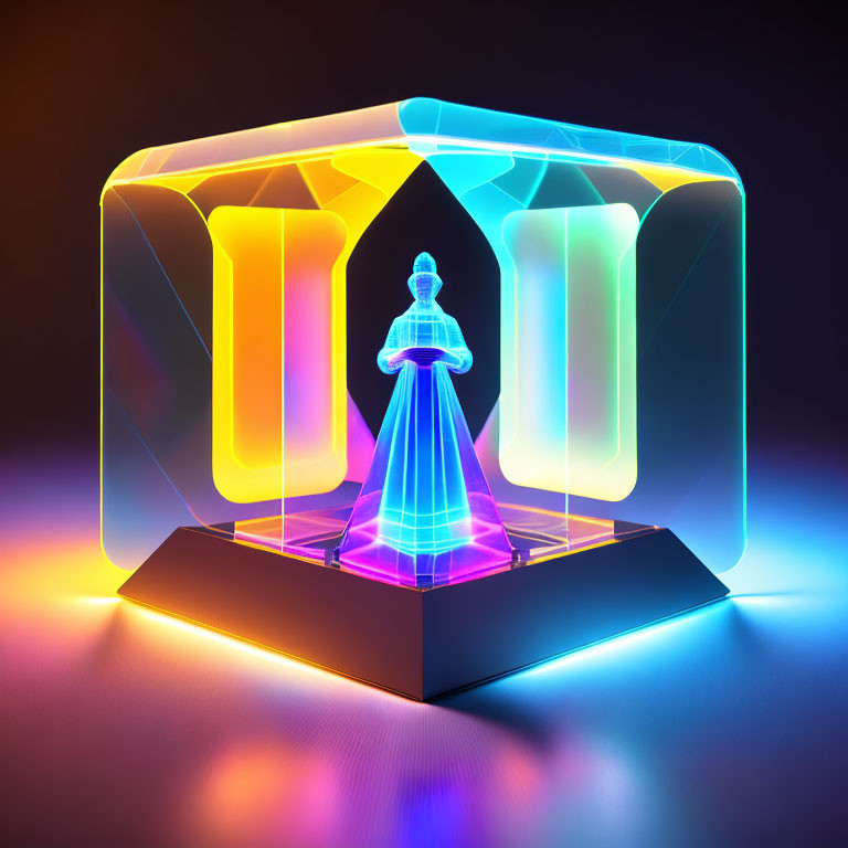 Futuristic holographic person in neon-lit cube