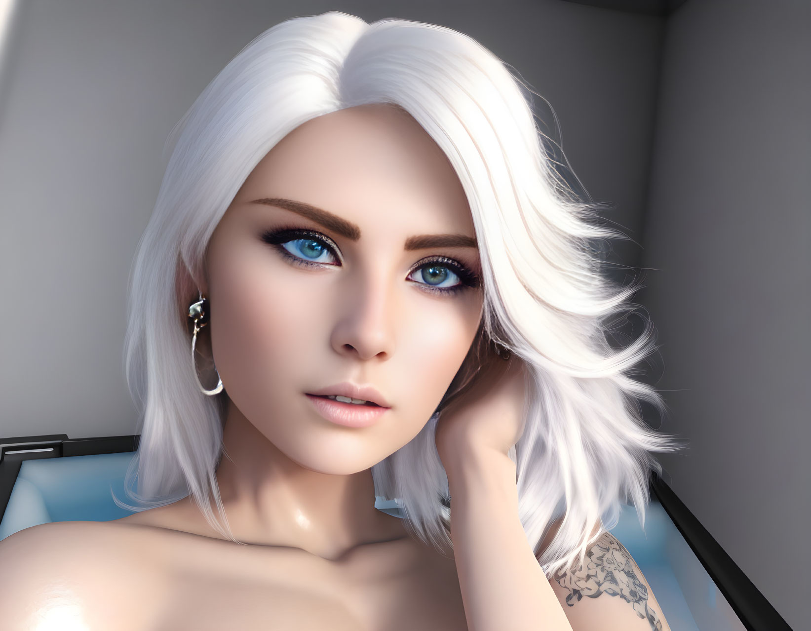 3D rendered image of woman with short white hair and blue eyes