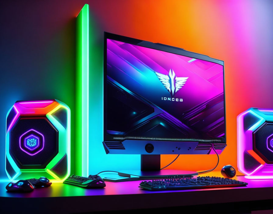 Colorful RGB Gaming Setup with Hexagonal Speakers and Peripherals