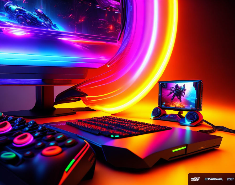Colorful LED Gaming Setup with Keyboard, Mouse, Headset, and Monitor on Neon Backdrop