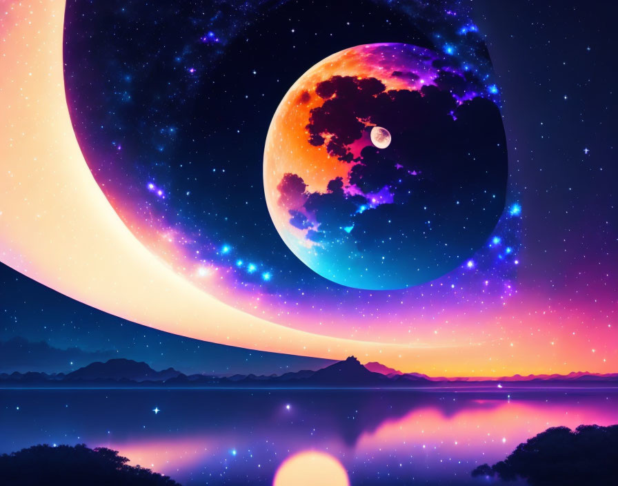Colorful surreal landscape with giant planet over serene lake