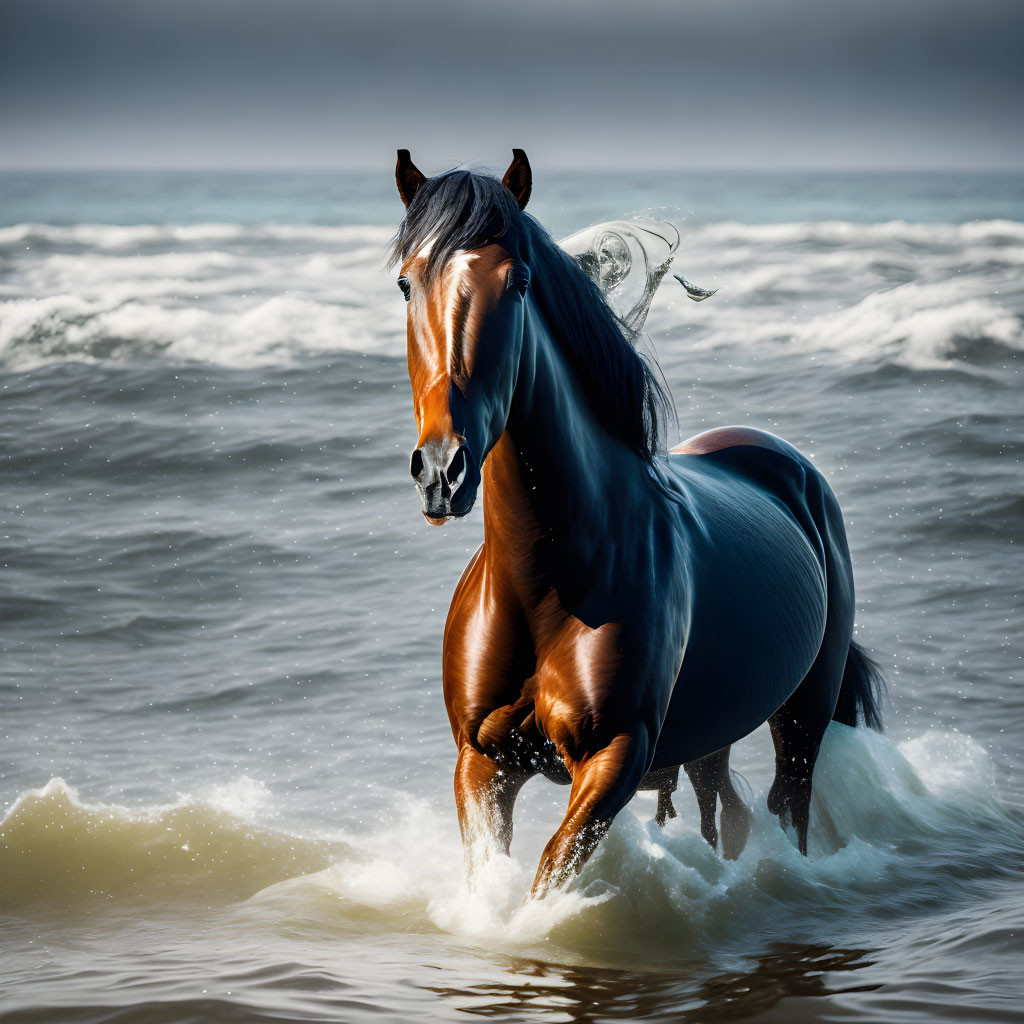 Brown horse with flowing mane gallops through shallow ocean water