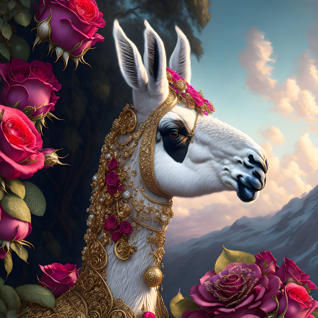 Ornately adorned llama with golden jewelry and pink roses in mountainous backdrop