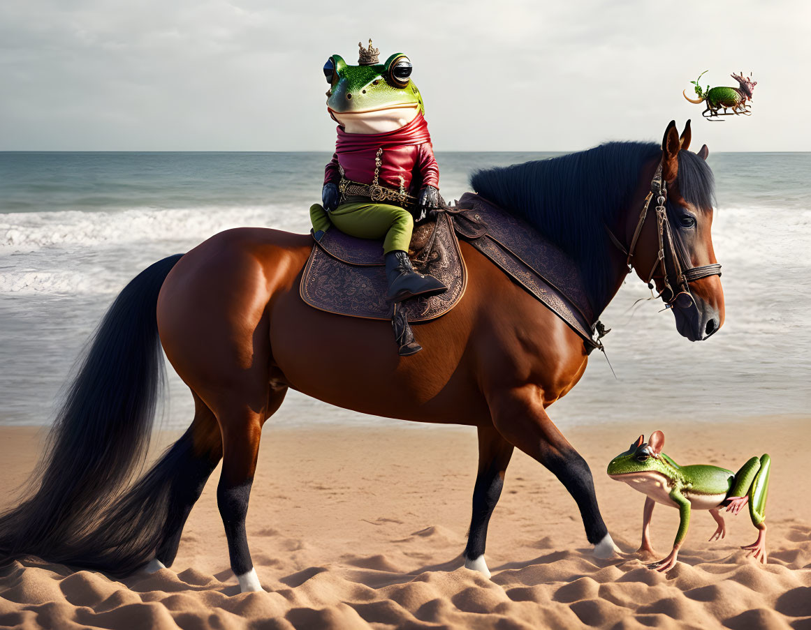 Clothed frog on horse with smaller frog, bird, and chameleon on beach
