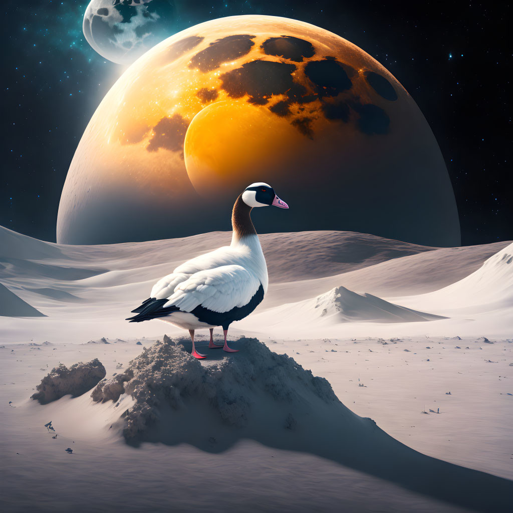 Duck on sandy mound in surreal desert with massive planets in sky