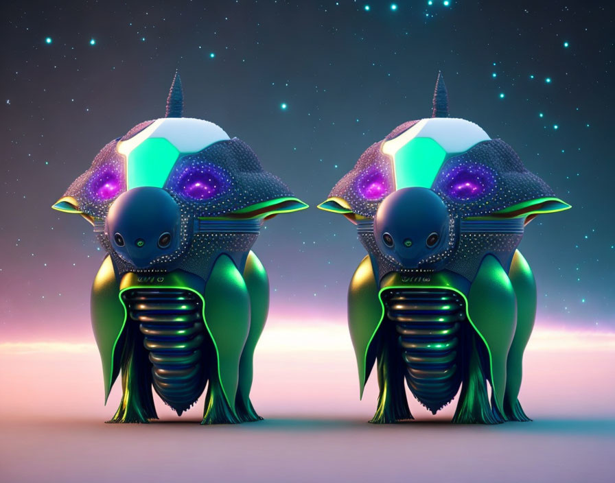 Futuristic mechanical beetle creatures on starry background