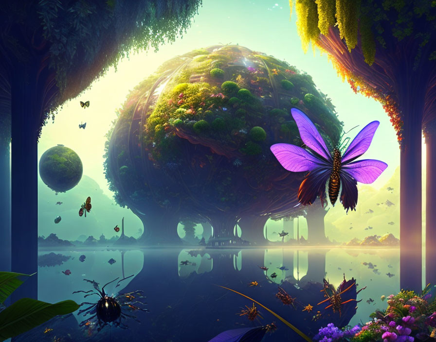 Fantastical landscape with floating islands and giant butterfly.