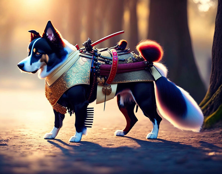 Stylized samurai armor on dog in sunlight-filled forest
