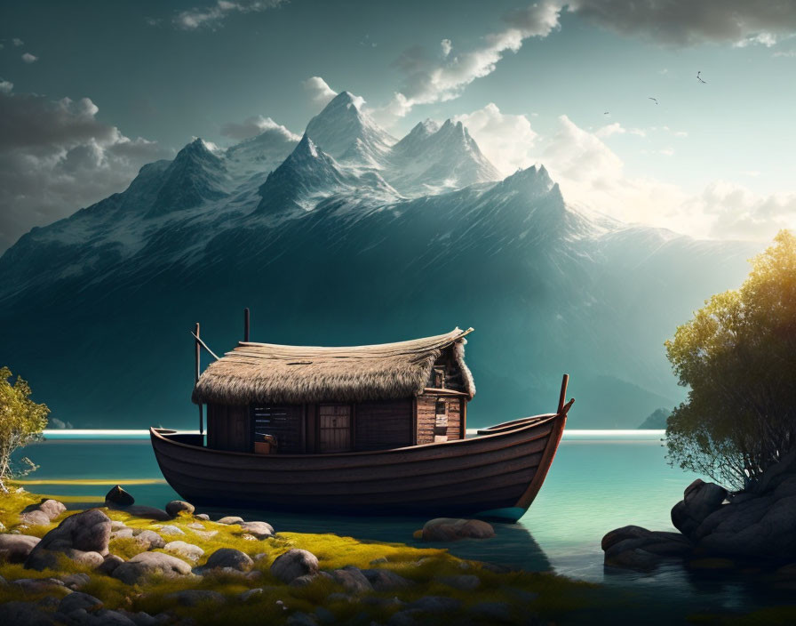 Traditional wooden boat and thatched-roof cottage on serene lake with mountains and greenery