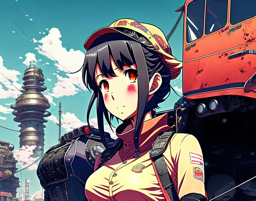 Anime-style female character with cap and headset in futuristic cityscape