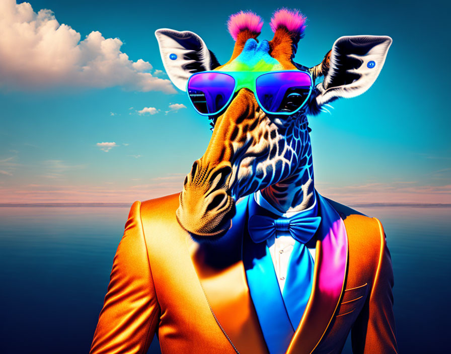 Giraffe in Orange Suit with Human Body and Colorful Sunglasses
