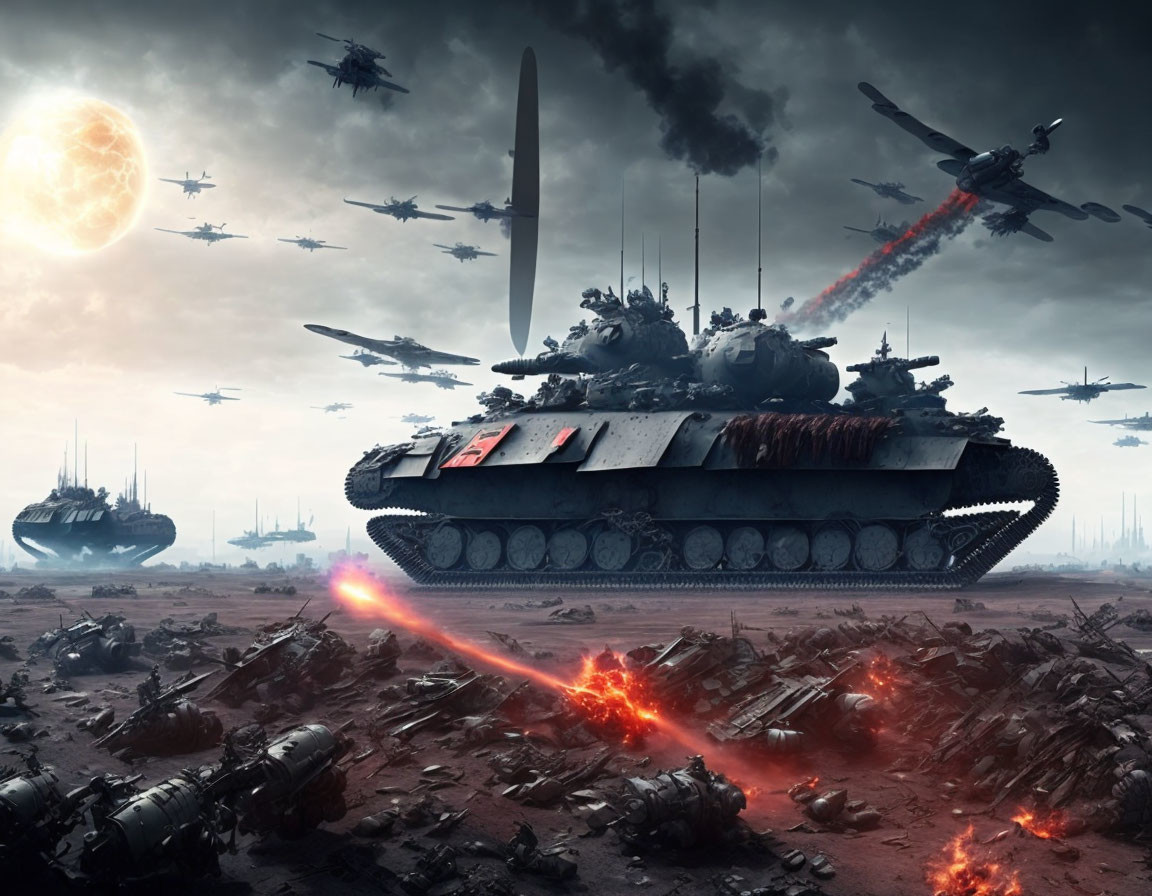 Futuristic battle scene with tanks, flying vehicles, and multiple moons in war-torn landscape