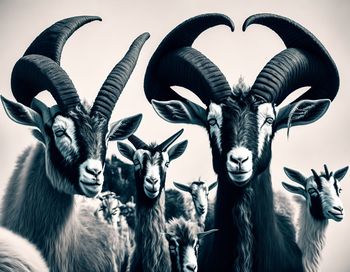 Monochrome image of goats with spiraled horns and calm expressions