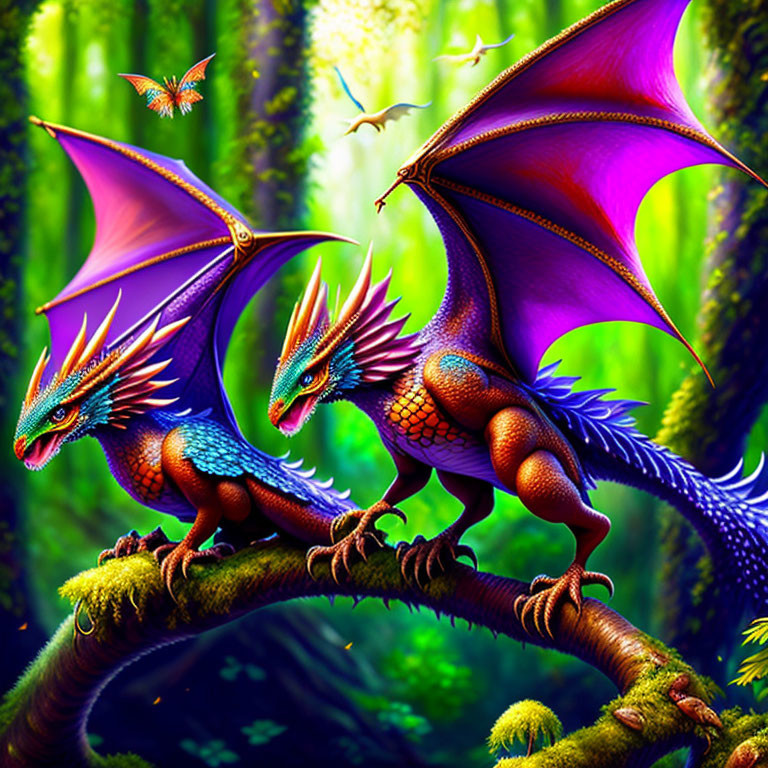 Vibrant colorful dragons with expansive wings in lush green forest