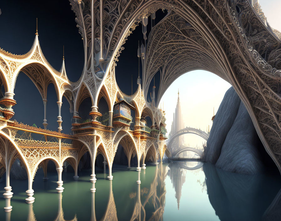 Intricate Fantasy Architecture with Bridges and Towers Reflecting on Water