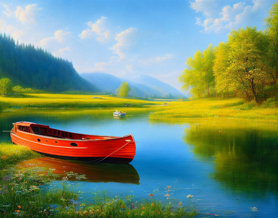 Tranquil landscape with red boat on calm river