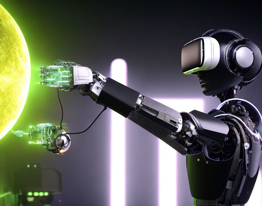 Futuristic humanoid robot with VR headset and glowing orb in neon-lit setting