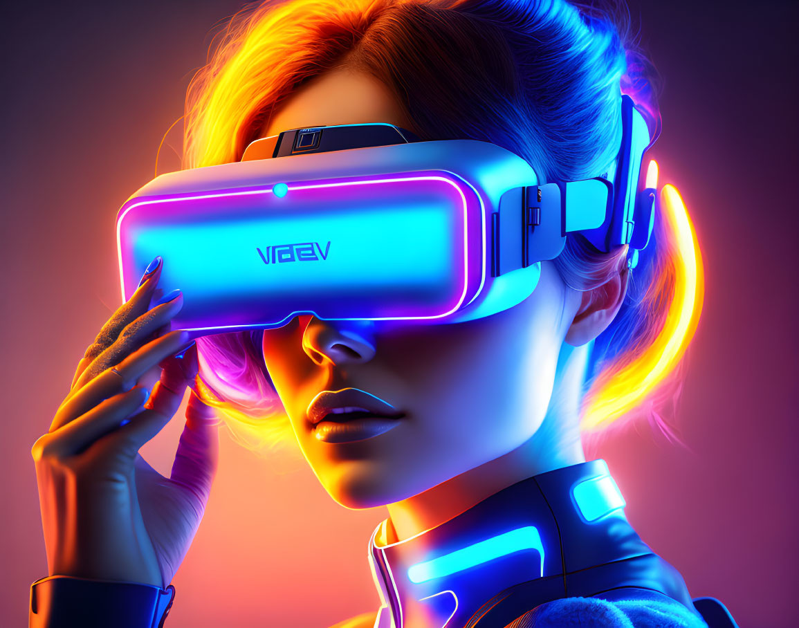 Woman in futuristic costume. Female in modern VR g