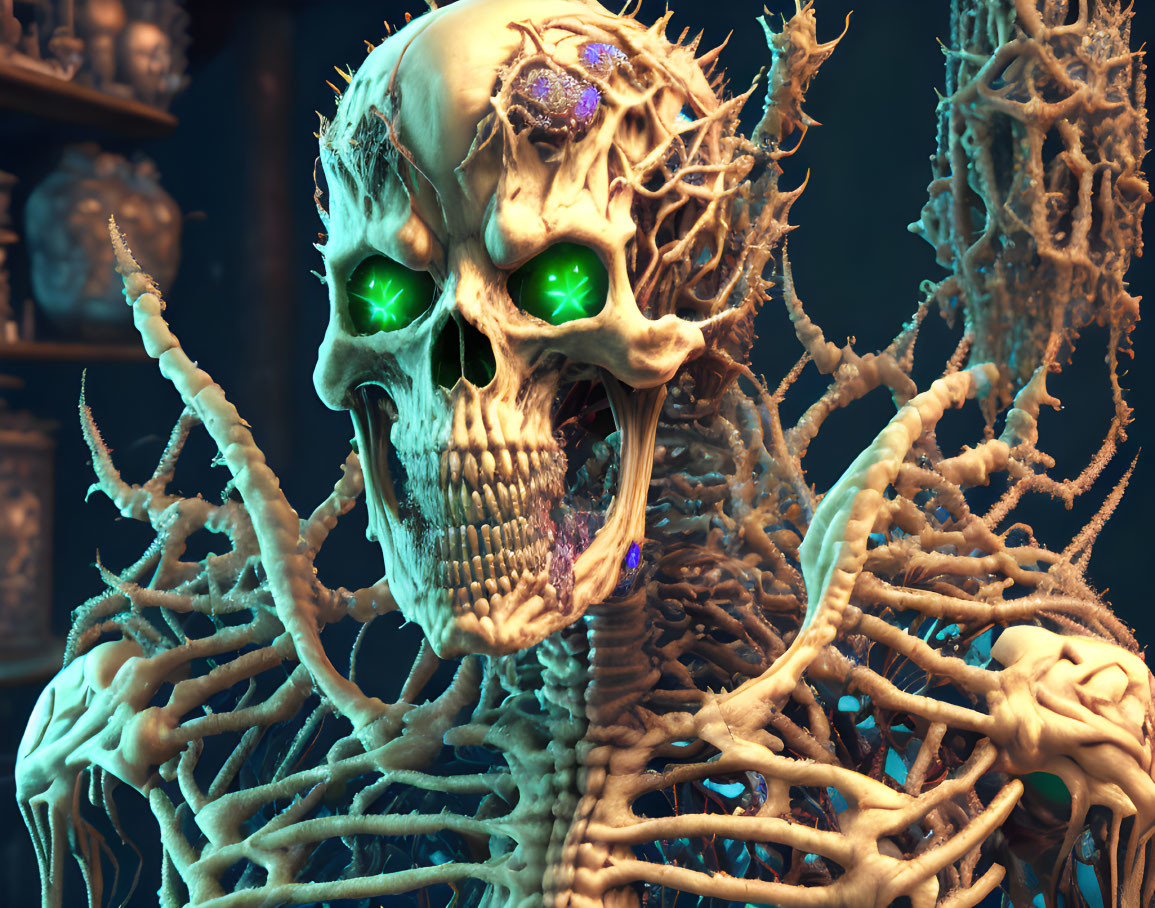 Detailed Skeleton Artwork with Glowing Green Eyes on Dark Background