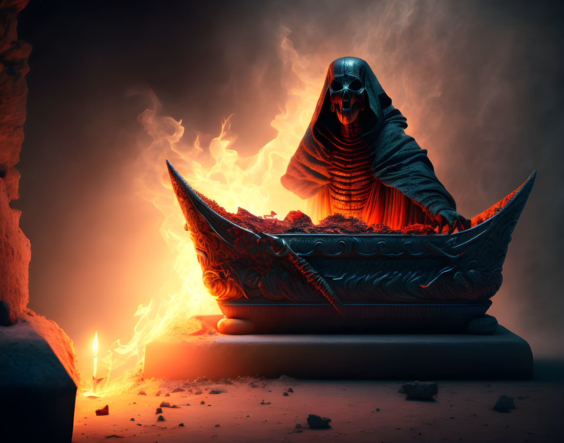 Hooded skeletal figure in ornate boat surrounded by flames and misty backdrop with candle.