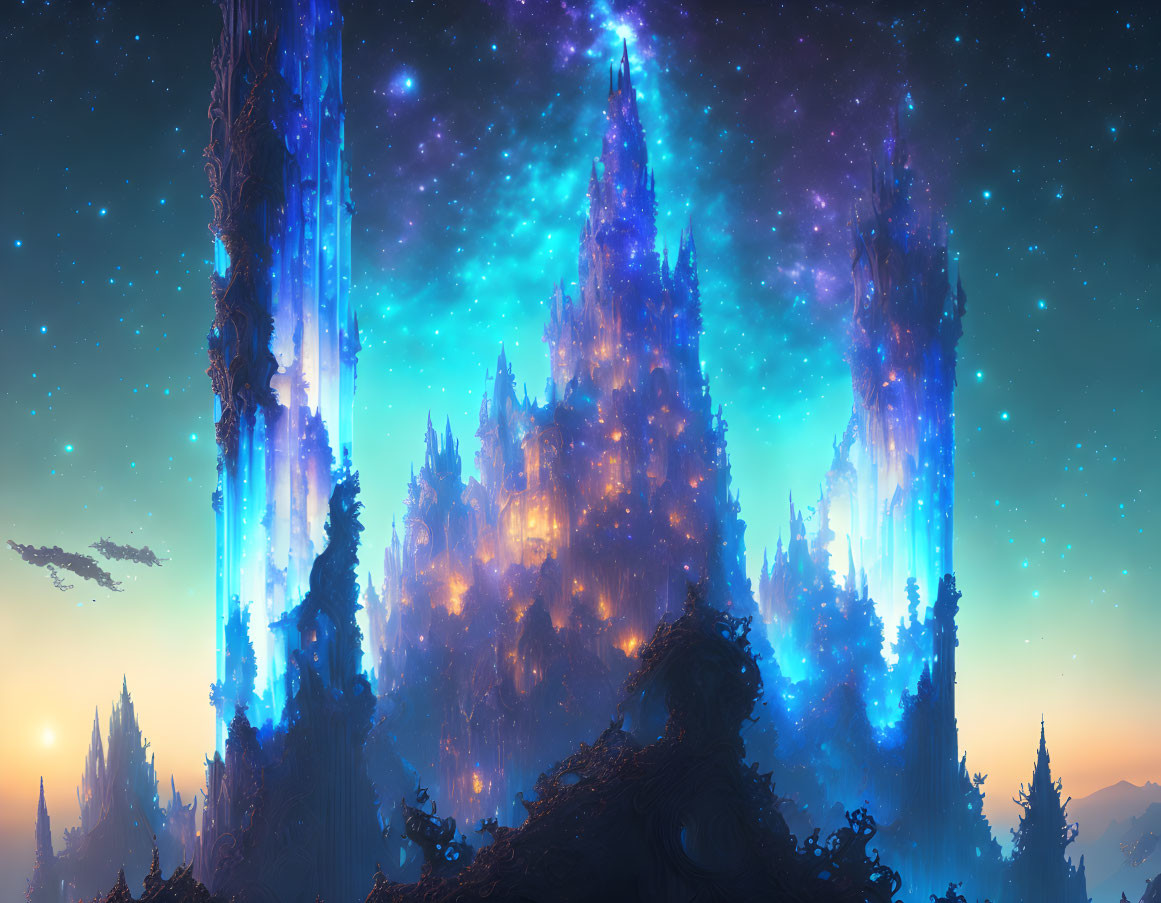 Fantastical landscape with towering crystal formations under starry sky