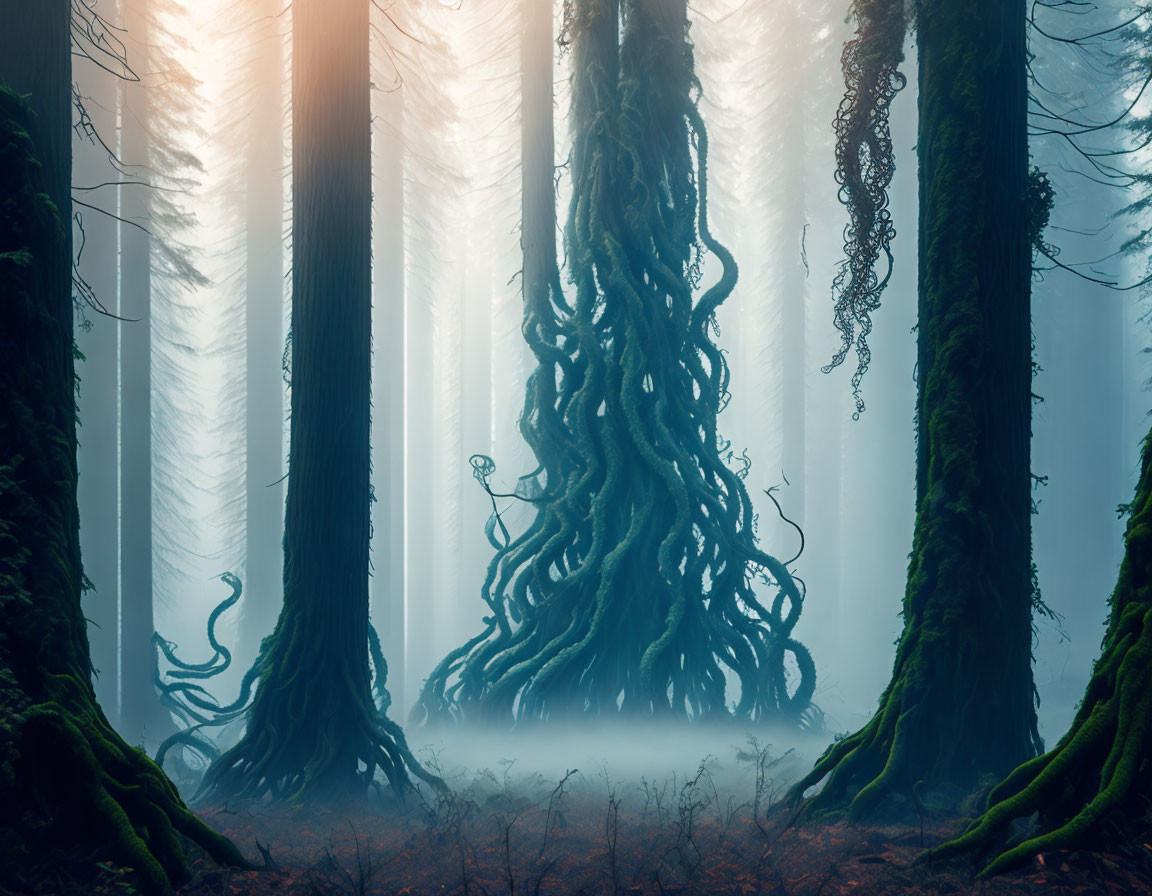 Mystical forest with towering trees and foggy ambiance