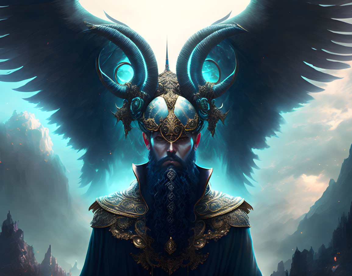 Illustration of mythical figure with dark wings, horned helmet, and ornate armor in fantastical