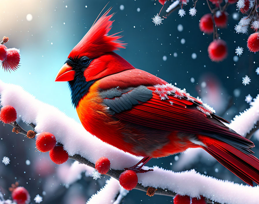 Vivid Red Cardinal on Snow-Covered Branch with Falling Snowflakes