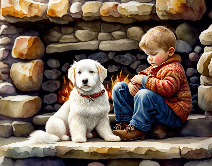 Young child in warm sweater with fluffy dog by fireplace