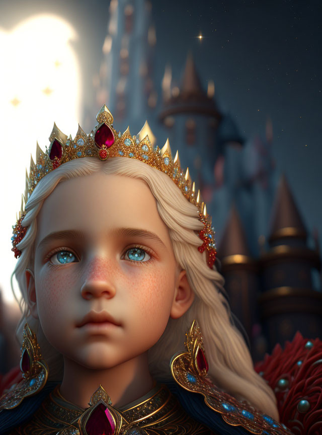 Young animated character with blue eyes and golden crown against castle backdrop